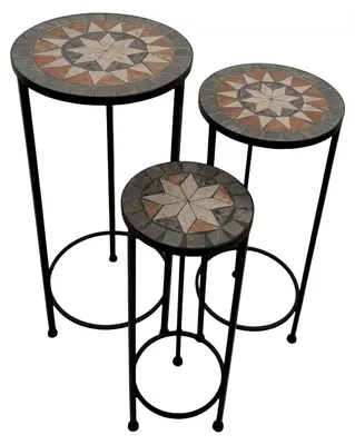 Produktbild von AXI Lola Mosaik Pflanzentisch rund Star Grau/Braun Set 3 Stück | Pflanztisch aus Metall mit eingelegten keramischen Mosaikfliesen | Gartentisch für Pflanzen für Garten / Balkon / Terrasse