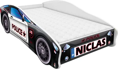 A child's bed designed to look like a police car.