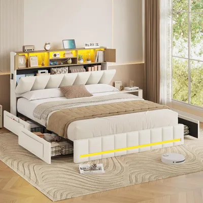 Image de Lit rembourré KIMENICH avec sommier, éclairage LED, 4 tiroirs, station de recharge, 140 × 200 cm, beige