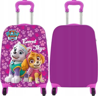 A children's rolling suitcase with Paw Patrol characters.