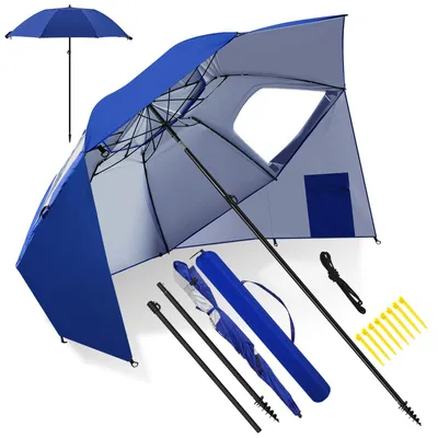 Produktbild von Eikuavons Sonnenschirm 210 cm UV50+ mit Schraub-Erdspieß, windstabiler Strandschirm, neigbar & tragbar für Strand Balkon Garten Blau