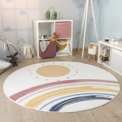 Produktbild von Kinderteppich Teppich Kinderzimmer Rund Waschbar Bis 30 Grad Sonne Regenbogen Grösse 160 cm Rund