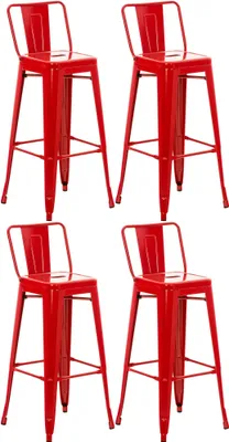 Four red bar stools are arranged in a two-by-two grid against a white background.