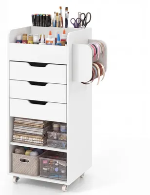 Produktbild von COSTWAY Rollcontainer, Rollwagen auf Rollen, Bastelwagen mit 2 Rollstangen & 3 Fächern, Bastelschrank aus Holz, Unterschrank, Bürocontainer, Weiß
