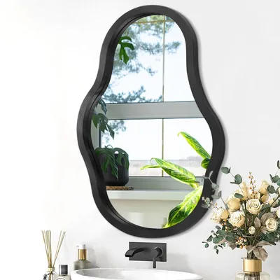 Image de Miroir mural asymétrique, cadre en bois noir, 70x50 cm