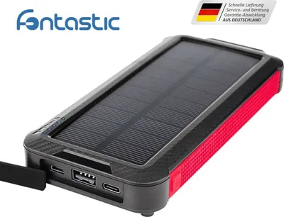 Produktbild von Fontastic Solar Power Bank 10.000mAh integriertes Ladekabel Solarpanel, Taschenlampe, USB-A/Typ-C/8PIN schwarz
