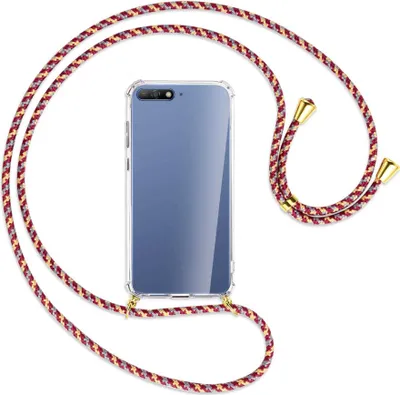 Produktbild von Handykette Backcover-Schutzhülle mit Band (Metall goldfarben) für Huawei Y6 2018 - weinrot/gelb/grau