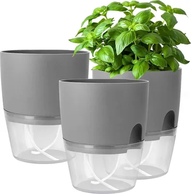 Image de Pot d'herbes aromatiques auto-irriguant Cuisine Set de 3 pièces Appui de fenêtre Gris 18.2x11x15.3cm