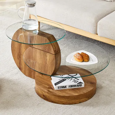 Obrázek produktu pro Konferenční stolek STILVORA s vícevrstvým designem kombinujícím sklo, obývací stolek s nosnou konstrukcí z MDF a texturou dřeva, boční stolek v minimalistickém stylu