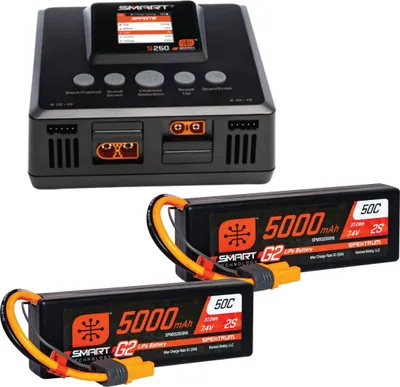 A black battery charger and two black LiPo batteries are displayed against a white background.