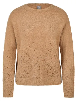 Produktbild von Rabe Damen Pullover Gr. 38 Braun aus weicher Wolle-Alpaka, Boxy Passform, Hotfix-Steinen, Fransengarn
