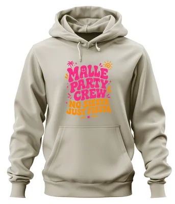 Imagen del producto de Malle Party Crew: No a la siesta, sí a la fiesta. Sudadera con capucha para despedidas de soltero/a en Mallorca. Diseño: "Insel" (isla). Color: natural. Talla: 3XL