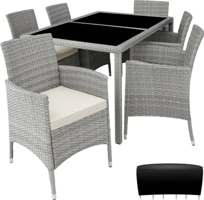 Image de Salon de jardin 6 places avec housse de protection - gris clair/crème