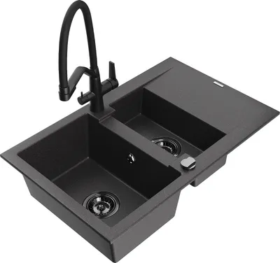 Produktbild von Mexen Gaspar 1,5-Becken-Granitspüle mit Abtropffläche und Mischbatterie Duo, Schwarz gesprenkelt - 6507-76-671701-70-B