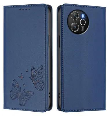Image de Étui en cuir pour Blackview Shark 8 / Oscal Tiger 12, motif papillon, étui portefeuille à rabat avec support, bleu foncé