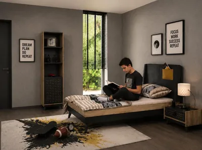 Obrázek produktu pro Jednolůžko pro mládež, šedá/béžová barva, moderní design, čelo postele, ložnice