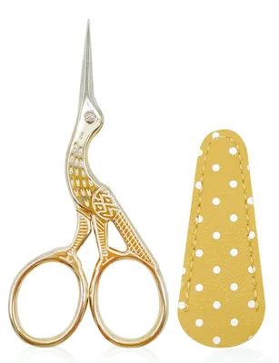 Produktbild von Stickschere aus Edelstahl, storchenförmige Fadenschere, kleine Bastelschere zum Nähen von Kreuzstichstickereien mit goldfarbener PolyurethanScherenhülle