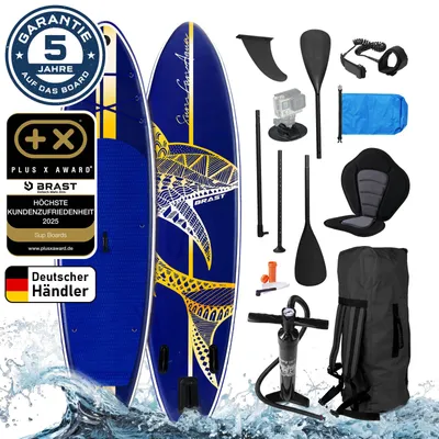 Produktbild von BRAST SUP Board Shark | Aufblasbares Stand up Paddle Set | 320x81x15cm | 8 Designs | inkl. Sonderzubehör | 2in1 Paddel Kajak-Sitz Action-Cam-Halterung Fußschlaufe Pumpe Rucksack | Deluxe