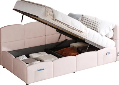Produktbild von Polsterbett mit Aufbewahrung, Taschen, Lattenrost, USB und Type-C, 90x200 cm, Einzelbett mit gepolstertem Kopfteil, Samt