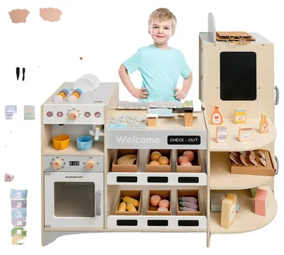 Produktbild von Kaffeemaschinen-Ofenset für Kinder, aus Holzmaterialien, geeignet für 3-6 Jahre, ungiftig und sicher, EN71-, 106 Zubehörteile enthalten