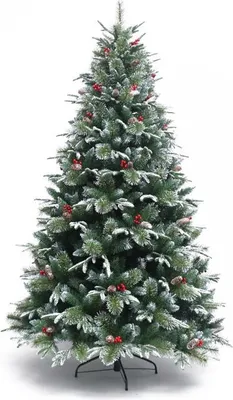 Zdjęcie produktu dla Choinka Premium StarryLights ośnieżona z szyszkami i jarzębiną 210 cm x 100 cm – luksusowa, gęsta i zachwycająco świąteczna