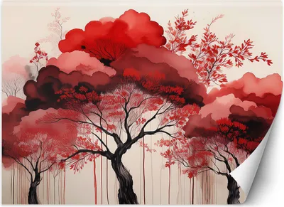 Produktbild von Vlies fototapete Rote Waldlandschaft Bäume 100x70 cm Feeby Rot inkl. Kleber einfache Montage