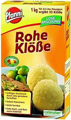 A box of Pfanni Rohe Kloesse mix with an image of prepared dumplings and food.