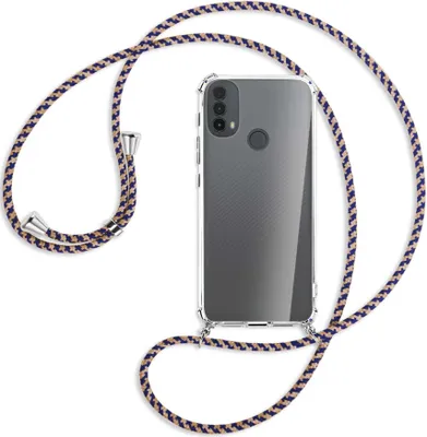 Produktbild von Handykette Backcover-Schutzhülle mit Band (Metall silberfarben) für Motorola Moto E30, Moto E40 - blau+beige