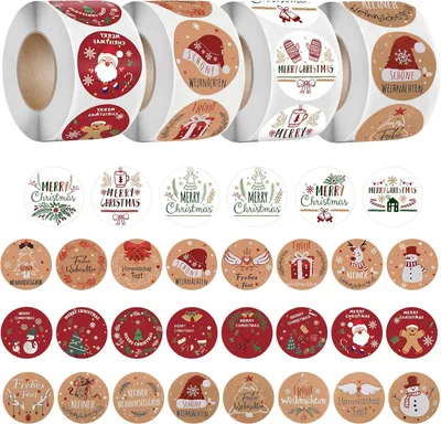 Obrázok produktu pre Vianočné nálepky z kraftpapieru, 4 rolky, okrúhle, vhodné na dekoráciu darčekov