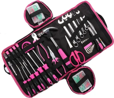 A pink and black tool kit laid out flat.