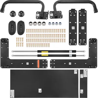 A collection of hardware components for a Murphy bed kit, including hinges, gas struts, screws, and mounting plates, laid out on a white background.
