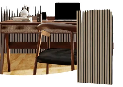 Productafbeelding van 3D-akoestische panelen, gemaakt van MDF-hout en polyestervezel, afmetingen 120 cm x 60 cm, geschikt voor wanden en plafonds, set van 4 panelen, modern interieurontwerp