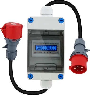Obrázek produktu pro 32A, třífázový elektroměr s 5 póly - Přenosný elektroměr - Digitální měřič spotřeby - Vodotěsný, určený pro venkovní použití - S průmyslovou zástrčkou a zásuvkou - Vhodný pro karavany a elektromobily