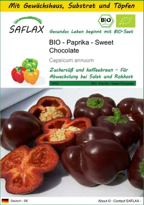 Produktbild von SAFLAX Anzucht Set - BIO - Paprika - Sweet Chocolate - Capsicum annuum - 10 Samen - Mit Mini-Gewächshaus, Anzuchtsubstrat und 2 Töpfen