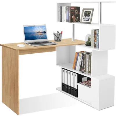 Obrázek produktu pro Počítačový stůl ve tvaru "L" s otočnou knihovnou o 360 stupňů, rozměry 157 x 45 x 130,5 cm, barva: dub/bílá