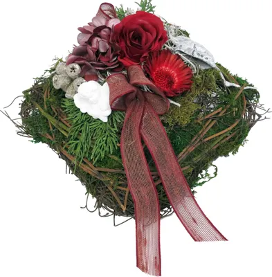 Produktbild von Grabgesteck Reben-Mooskissen mit Rose rot L ca. 20 cm B ca. 20 cm H ca. 14 cm