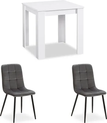 Image de Table 80x80 cm Group Salle à Manger 2 Chaises Velours Gris Table à Manger en Bois Blanc