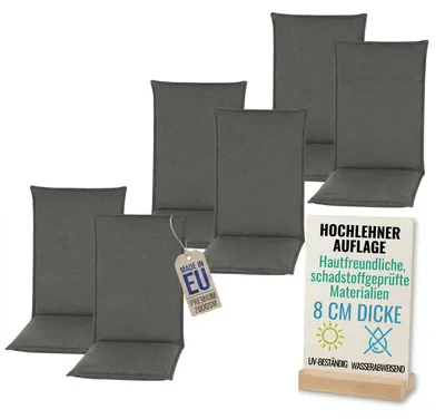 Zdjęcie produktu dla Pillows24 - 6x poduszki na krzesła z wysokim oparciem 120x50x8 cm | Wygodne i odporne na warunki atmosferyczne poduszki na krzesła ogrodowe | Poduszki na siedziska do mebli ogrodowych | Wyprodukowano w UE | Grafitowy