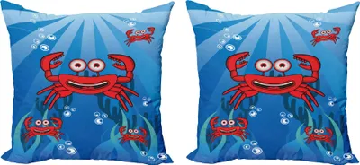 Obrázek produktu pro ABAKUHAUS Krabí povlak na polštář (2ks), skupina legračních krabů pod vodou s usmívajícími se šťastnými tvářemi, bublinky, korály a sluneční paprsky, 40 x 40 cm, modročervený