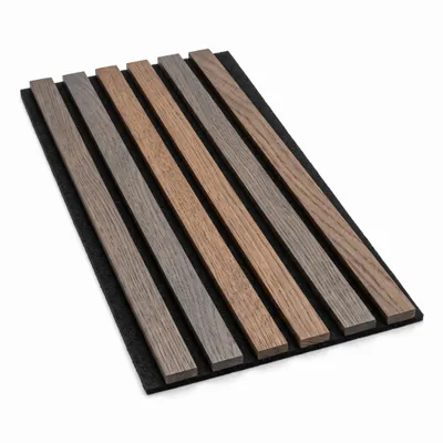Produktbild von Wandpaneele 30x60 cm - MDF-Lamellen - Filzunterlage - Deko-Elemente - EICHE DARK SLIM, KI-generiertes Bild