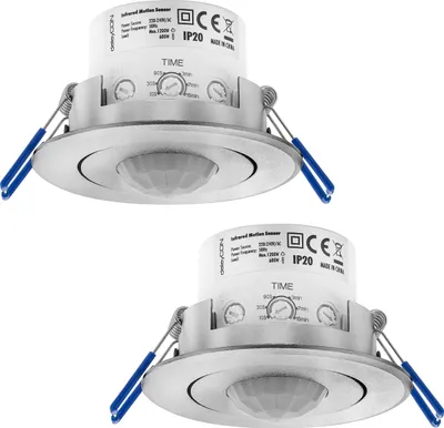 Produktbild von deleyCON 2x Infrarot Decken-Bewegungsmelder - Innenbereich - Reichweite 8m bei 360° - einstellbare Umgebungshelligkeit - IP20 - Unterputz - Aluminium