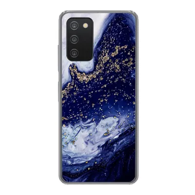 A Samsung Galaxy A53 5G phone case with a blue and white marble pattern with gold glitter.