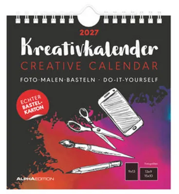Produktbild von Kreativkalender S schwarz 2027: Bastelkalender 16x17 cm mit schwarzem Hintergrund, echtem Bastelkarton und gestaltbarem Titelblatt