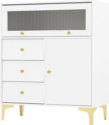 A white storage cabinet with gold accents and a fluted glass door is shown against a white background.