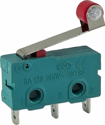 A single microswitch with a roller lever arm, shown from a diagonal angle against a white background.