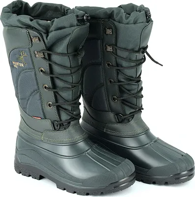 A pair of dark green winter boots.