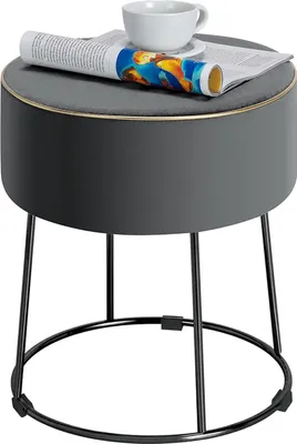 Produktbild von Runder osmanischer Hocker, moderner Schminkhocker mit gepolsterter Sitzfläche, Metallfuß & Fußpolstern, stilvolle Fußstütze mit Samtpolsterung, Grau