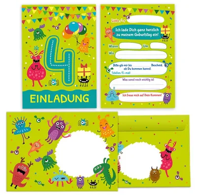 12 Einladungskarten + 12 Umschläge, 4. Geburtstag, Monster