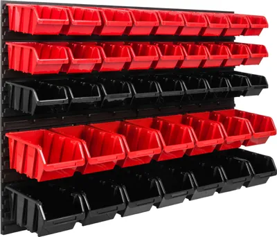 Produktbild von Lagersystem Werkstattregal | 115 x 78 cm | 41 stck. Box | Wandregal mit Stapelboxen - Wandplatten Extra Starke Schüttenregal Warkzeuglochwand Lagerregal Garage Regal
