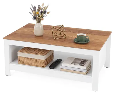 Produktbild von COSTWAY Couchtisch, 2-stufiger Wohnzimmertisch, Beistelltisch mit Stauraum, Regal, Beistelltisch aus Holz, Sofatisch, Kaffeetisch für Wohnzimmer, Weiß